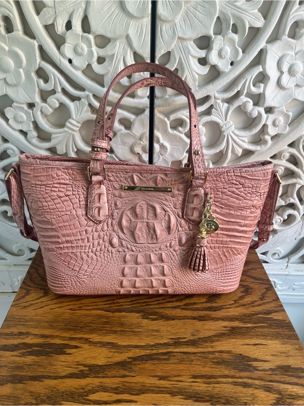 Brahmin Pink Croc Embossed Leather Medium Tote Satchel Crossbody Bag Tassel